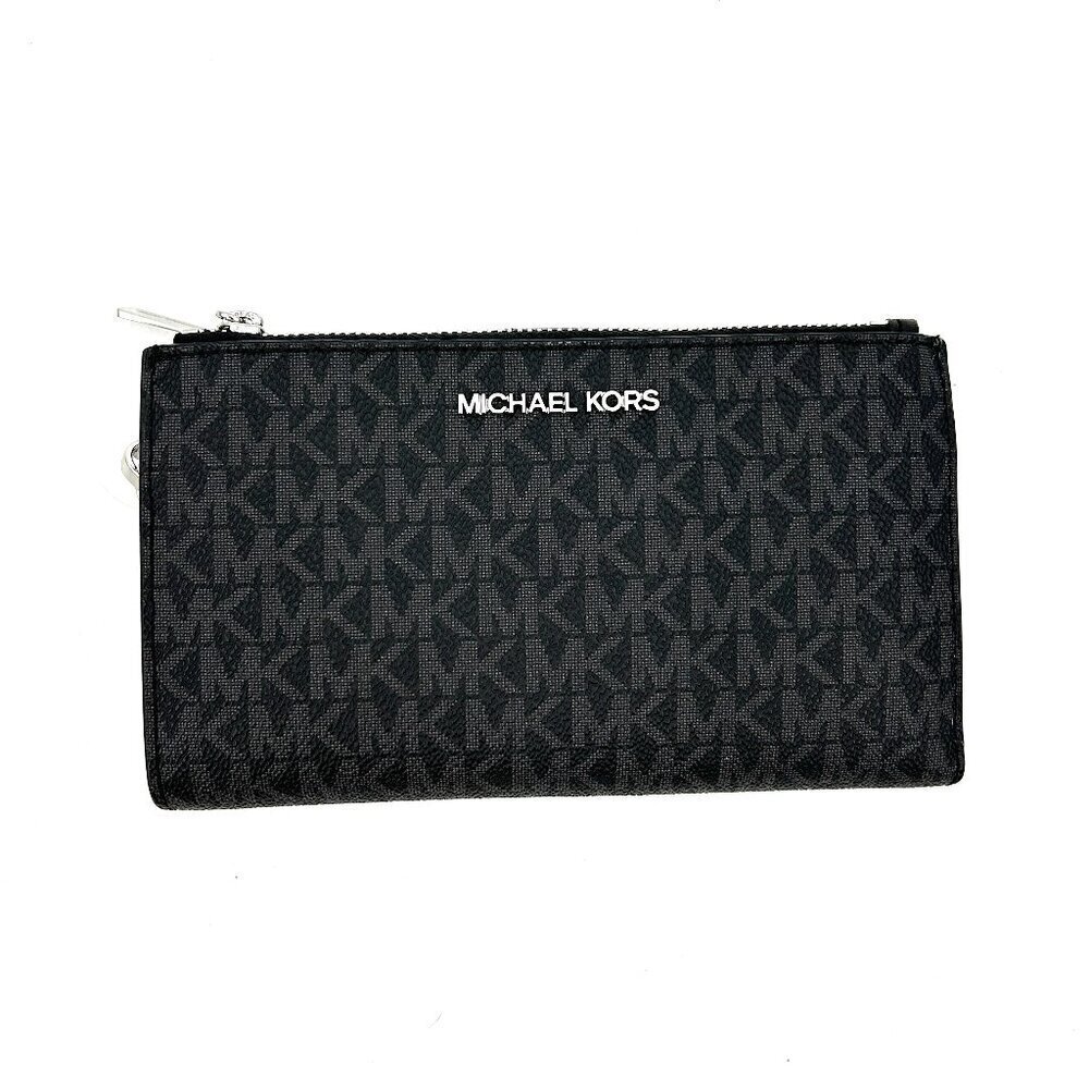 NWT MICHAEL KORS Black Jet Set Travel Double Zip Leather Wristlet Wallet